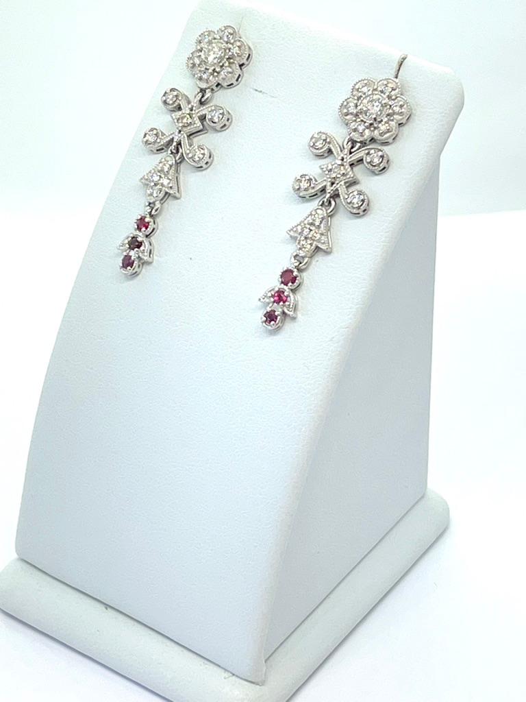 18ct Edwardian Style Ruby Diamond Drop Dangle Stud Earrings Flower Clusters  In New Condition For Sale In Mona Vale, NSW