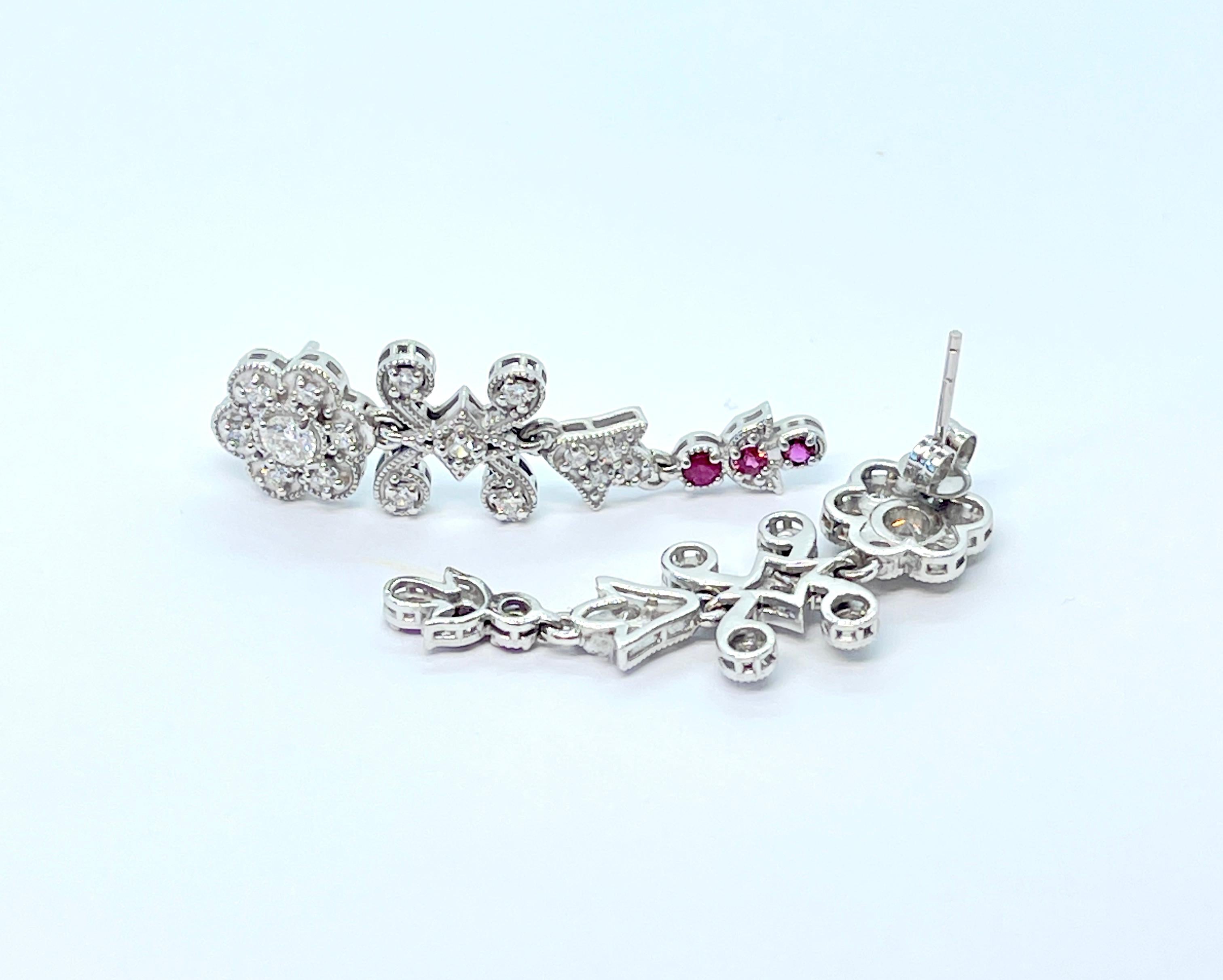 Women's 18ct Edwardian Style Ruby Diamond Drop Dangle Stud Earrings Flower Clusters  For Sale