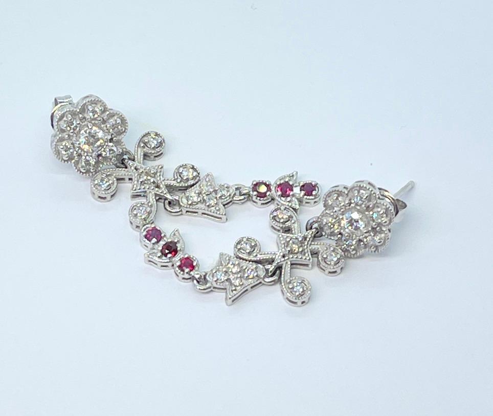 18ct Edwardian Style Ruby Diamond Drop Dangle Stud Earrings Flower Clusters  For Sale 1