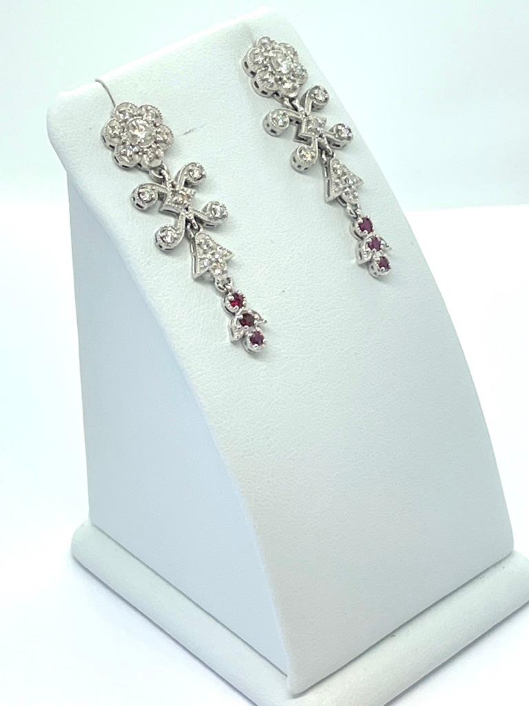 18ct Edwardian Style Ruby Diamond Drop Dangle Stud Earrings Flower Clusters  For Sale 2