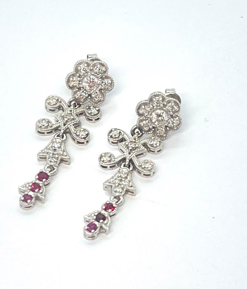 18ct Edwardian Style Ruby Diamond Drop Dangle Stud Earrings Flower Clusters  For Sale 3