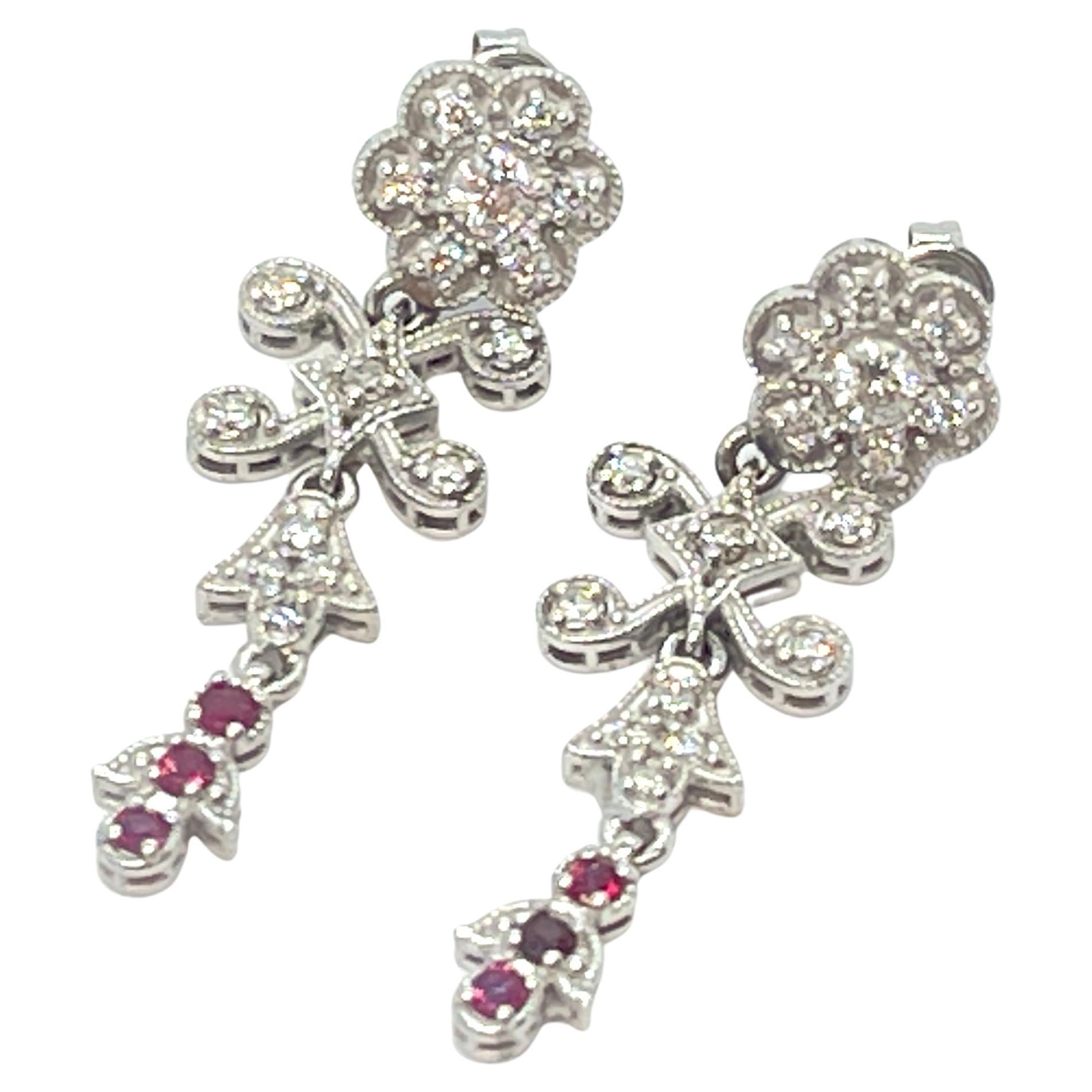 18ct Edwardian Style Ruby Diamond Drop Dangle Stud Earrings Flower Clusters  For Sale