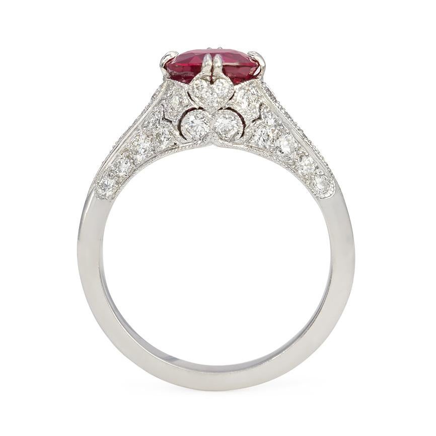 Oval Cut Edwardian Style Ruby Solitaire Ring in Handmade Diamond-Set Platinum Mount For Sale