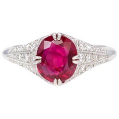 Edwardian Style Ruby Solitaire Ring in Handmade Diamond-Set Platinum Mount