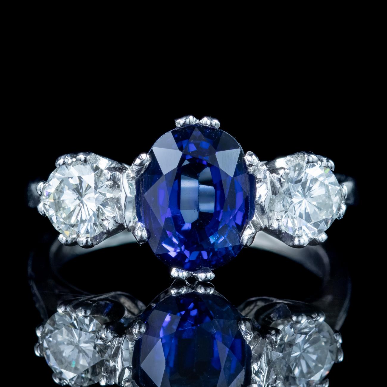 Brilliant Cut Edwardian Style Sapphire Diamond Trilogy Ring 2ct Sapphire For Sale