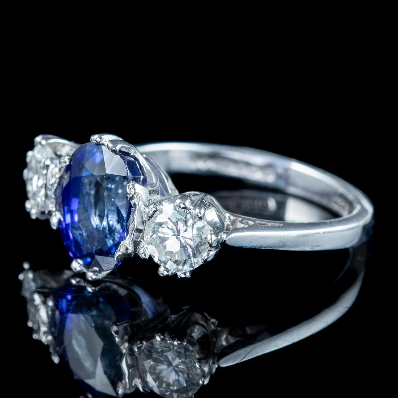 Edwardian Style Sapphire Diamond Trilogy Ring 2ct Sapphire In Good Condition For Sale In Kendal, GB