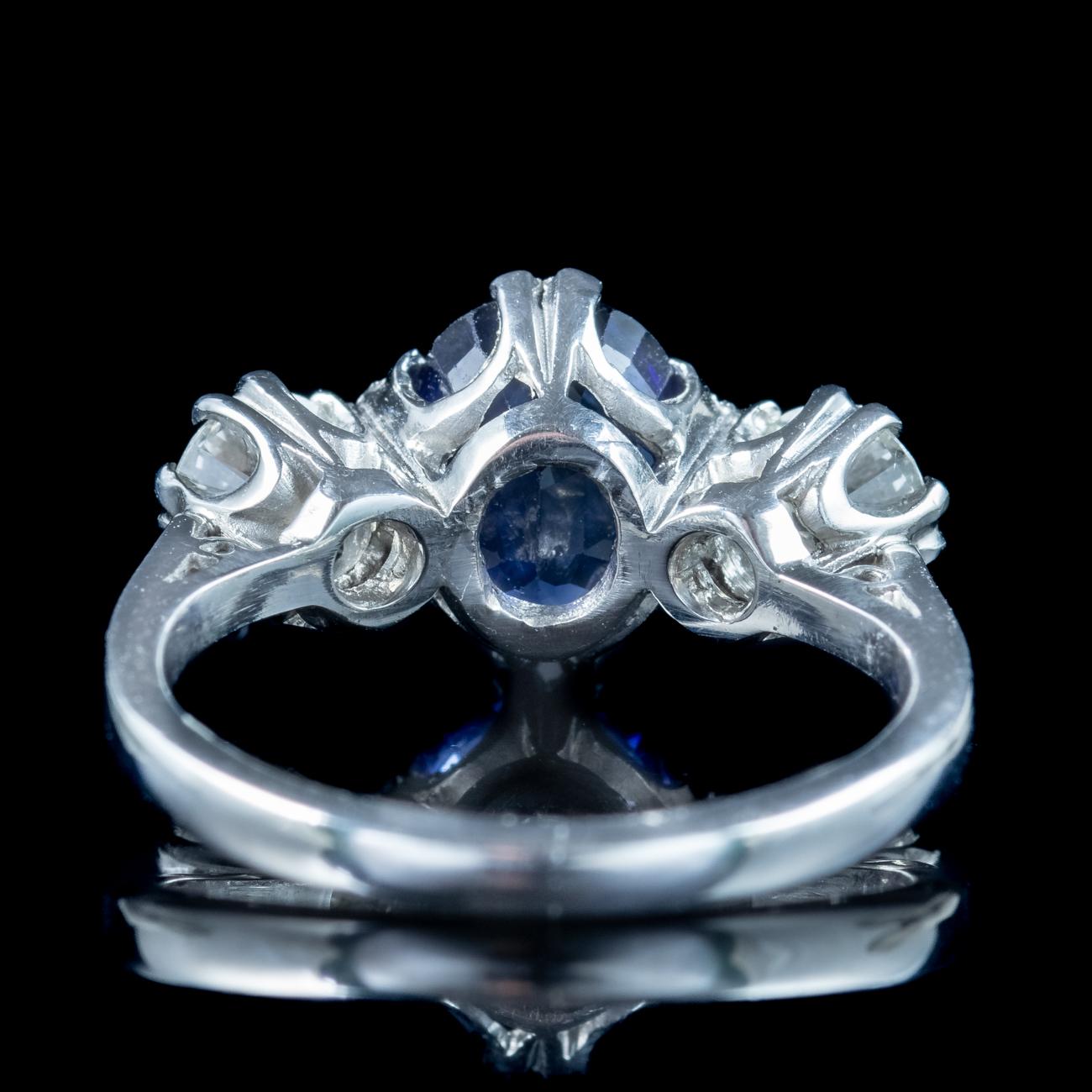 Women's Edwardian Style Sapphire Diamond Trilogy Ring 2ct Sapphire For Sale
