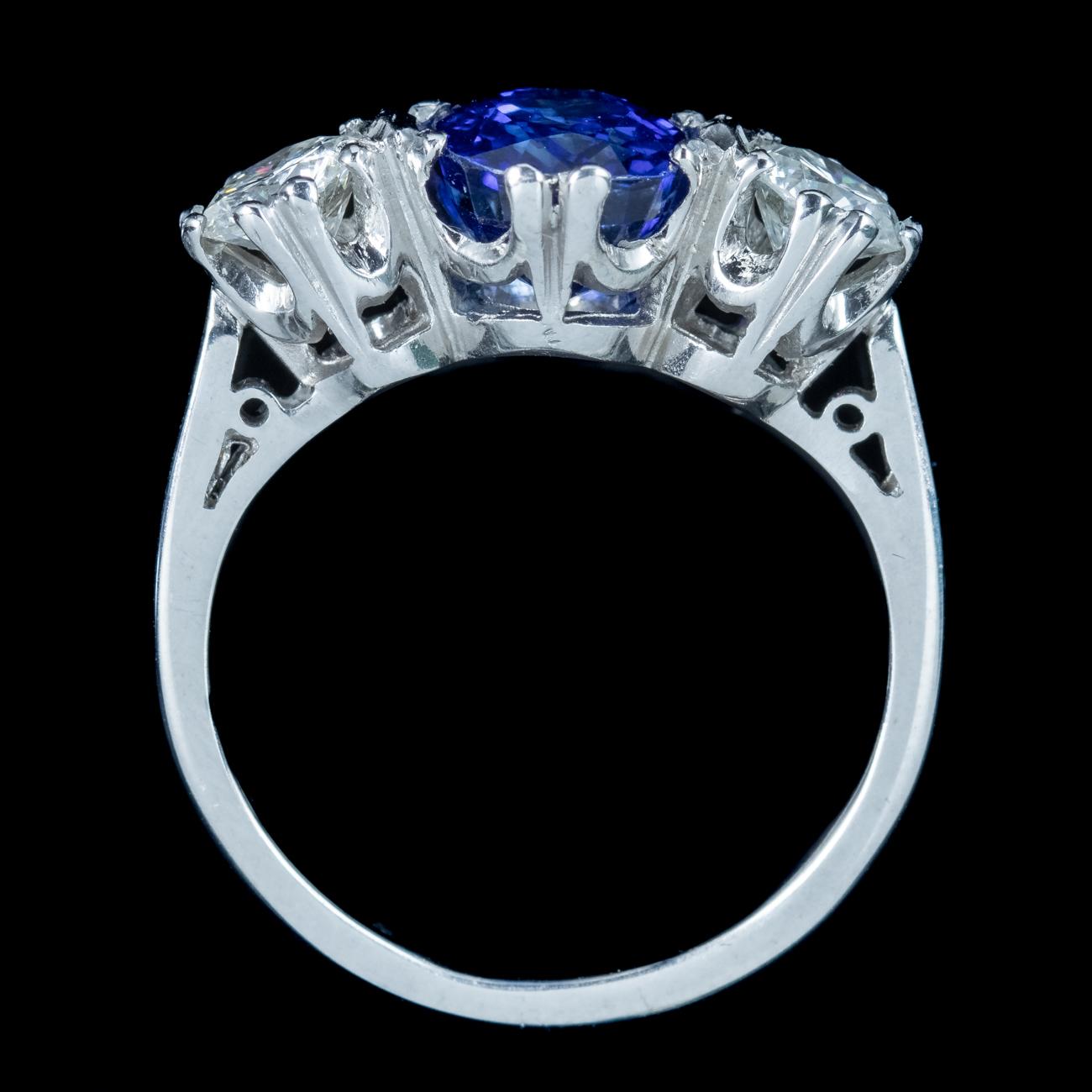 Edwardian Style Sapphire Diamond Trilogy Ring 2ct Sapphire For Sale 2