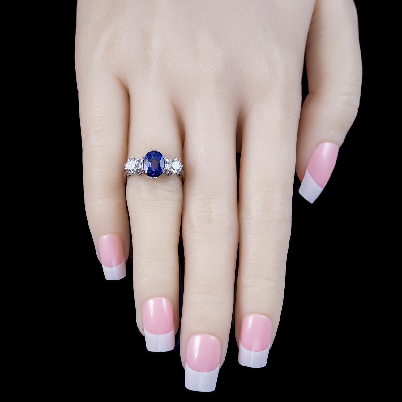 Edwardian Style Sapphire Diamond Trilogy Ring 2ct Sapphire For Sale 3