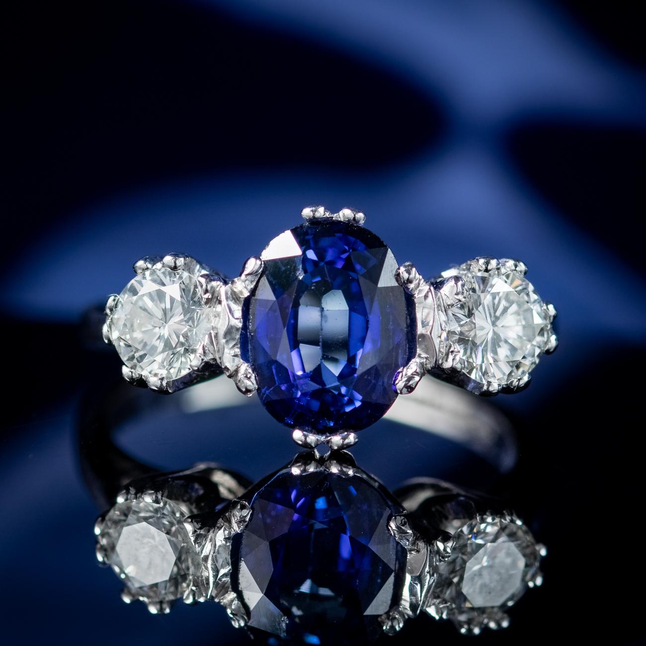 Edwardian Style Sapphire Diamond Trilogy Ring 2ct Sapphire For Sale 4