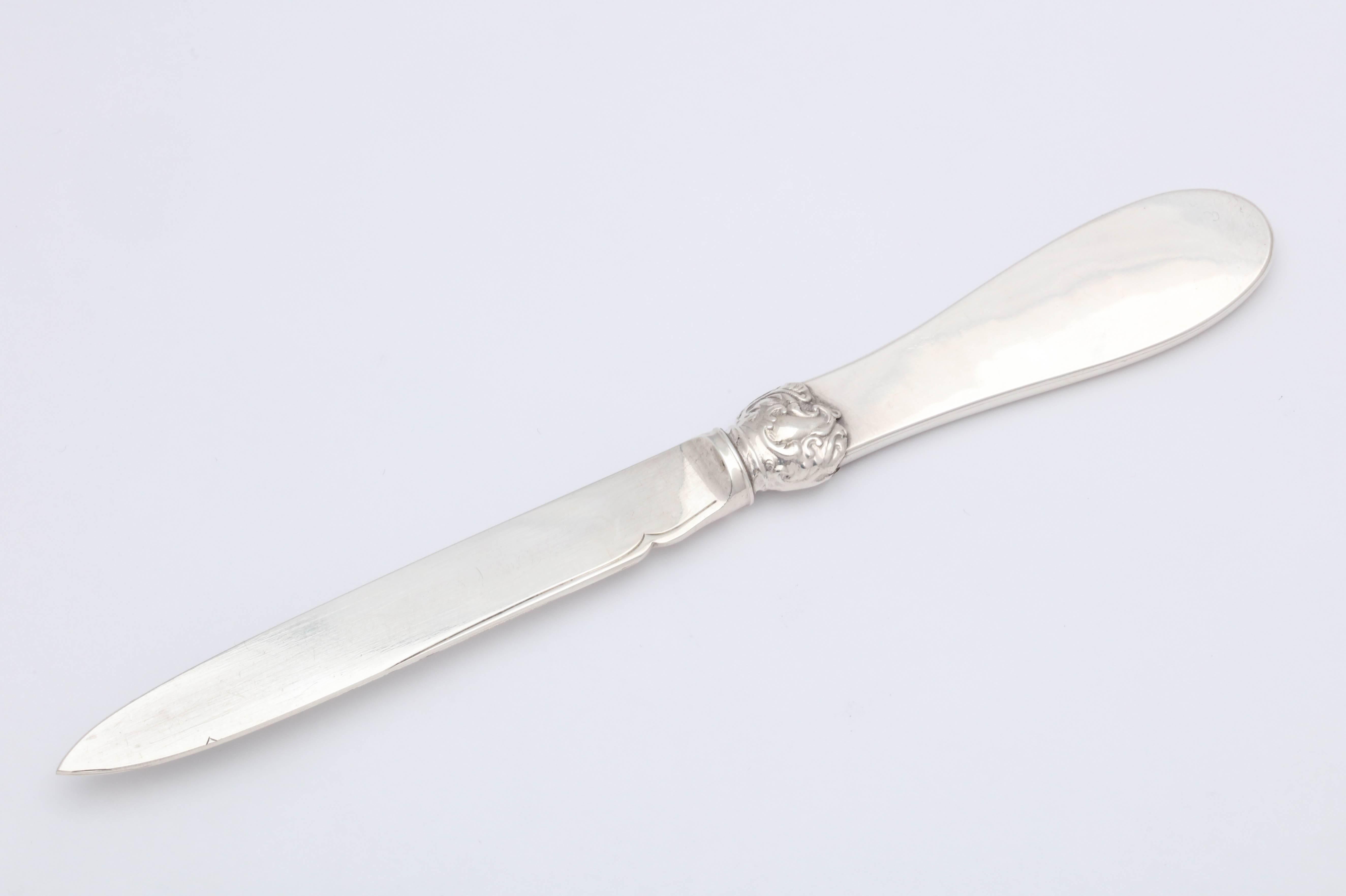 Edwardian style, sterling silver and pink guilloche enamel - mounted letter opener/paper knife, London, 1912, Goldsmiths and Silversmiths Co., Ltd. - makers. Sterling silver blade is etched. Beautiful, pink enamel is on one side of handle. Measures: