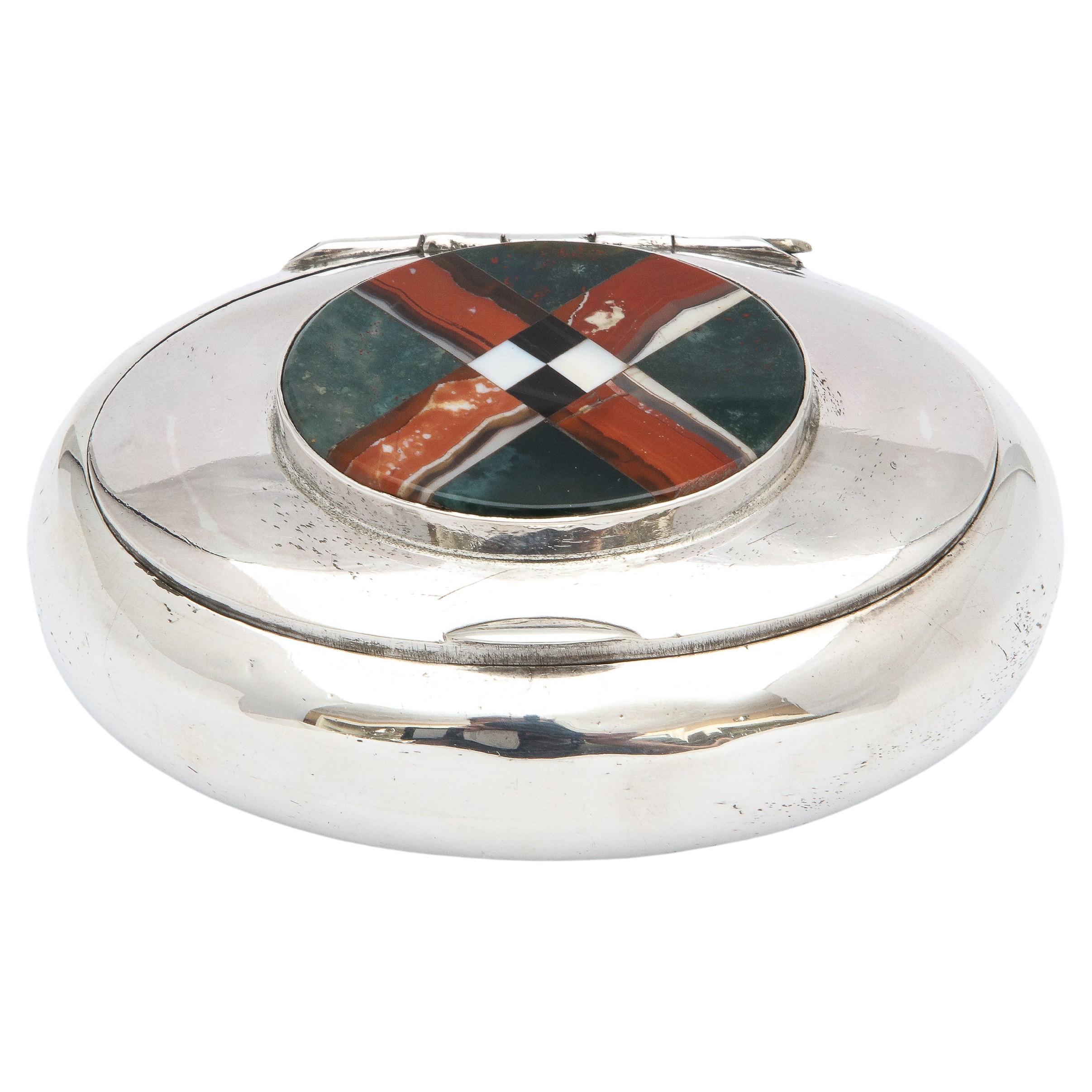 Edwardian Style Sterling Silver and Scottish Agate Trinkets Box with Hinged Lid