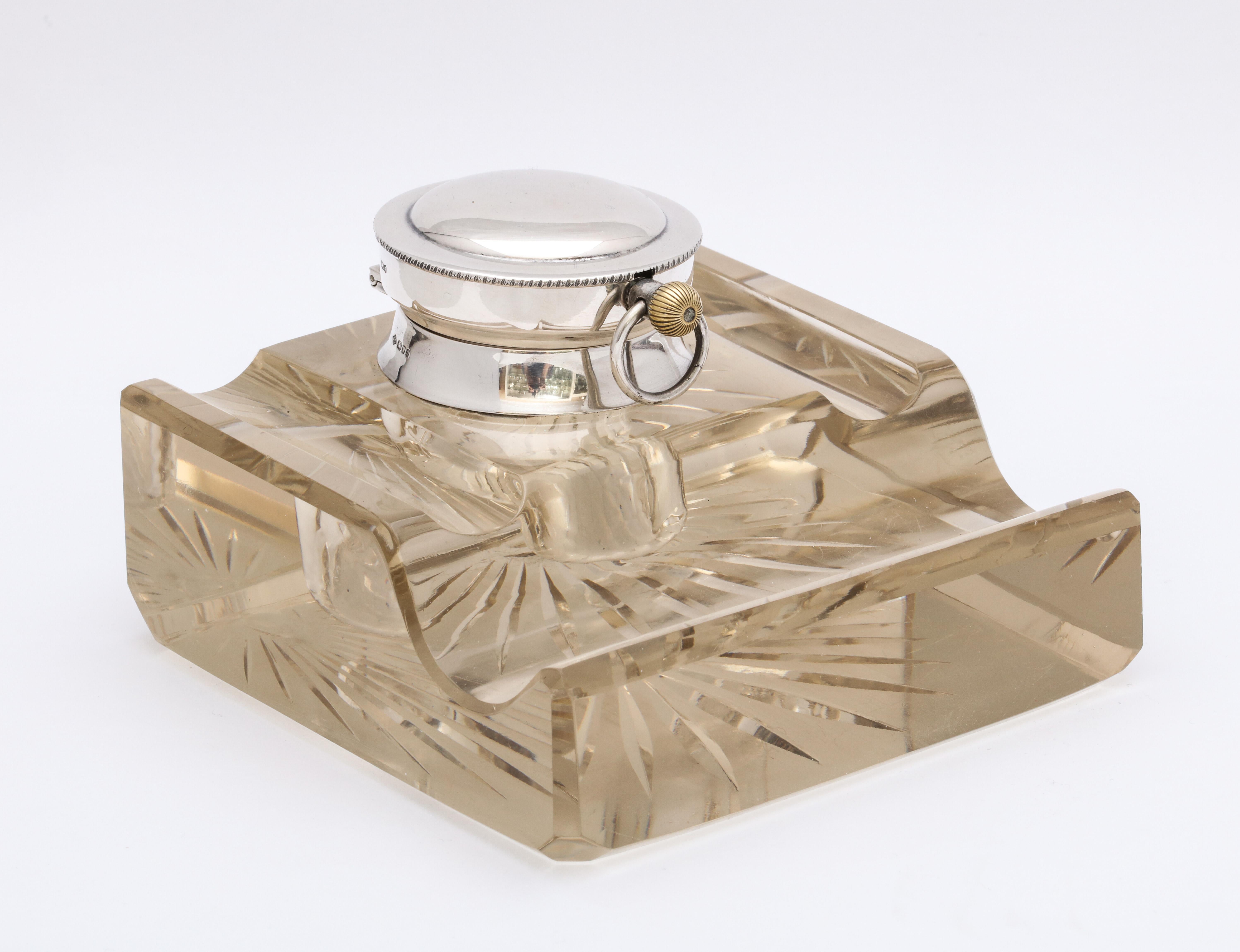 Edwardian-style, sterling silver-mounted, crystal inkwell/pocket watch holder, London, 1988, Richard Lawrence Geere - maker (who worked from 1978-1988). Inkwell measures 5 inches wide x 5 inches deep x 4 1/2 inches (at highest point when hinged lid