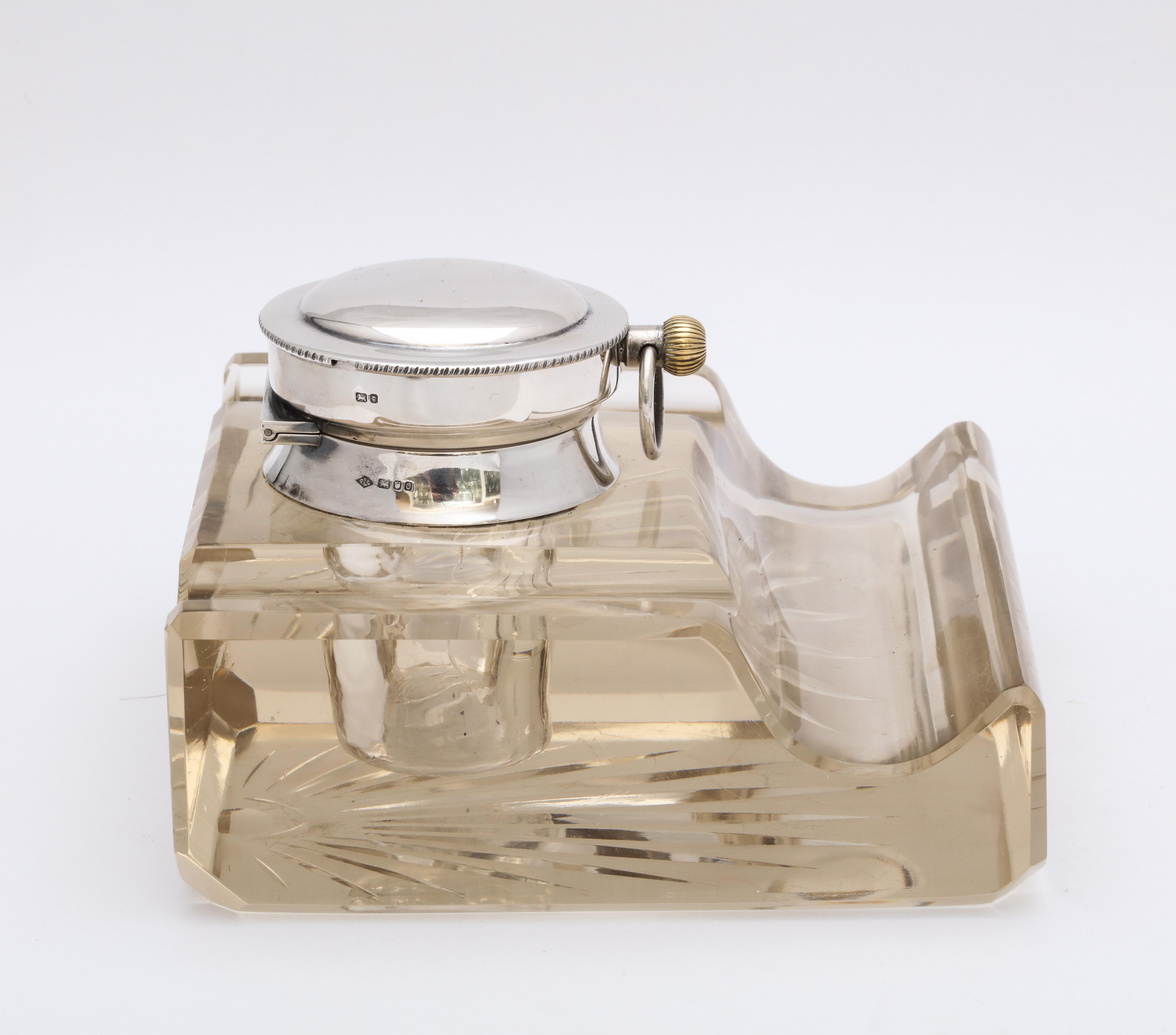 Late 20th Century Edwardian-Style Sterling Silver-Mounted Crystal Inkwell/Pocket Watch Holder