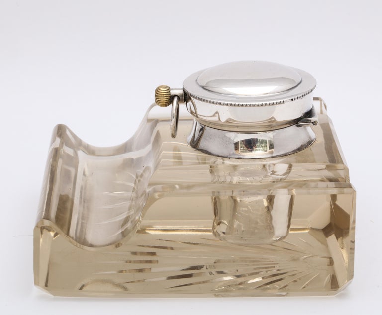 Edwardian-Style Sterling Silver-Mounted Crystal Inkwell/Pocket Watch ...