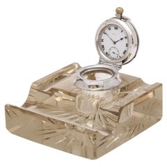 Retro Edwardian-Style Sterling Silver-Mounted Crystal Inkwell/Pocket Watch Holder