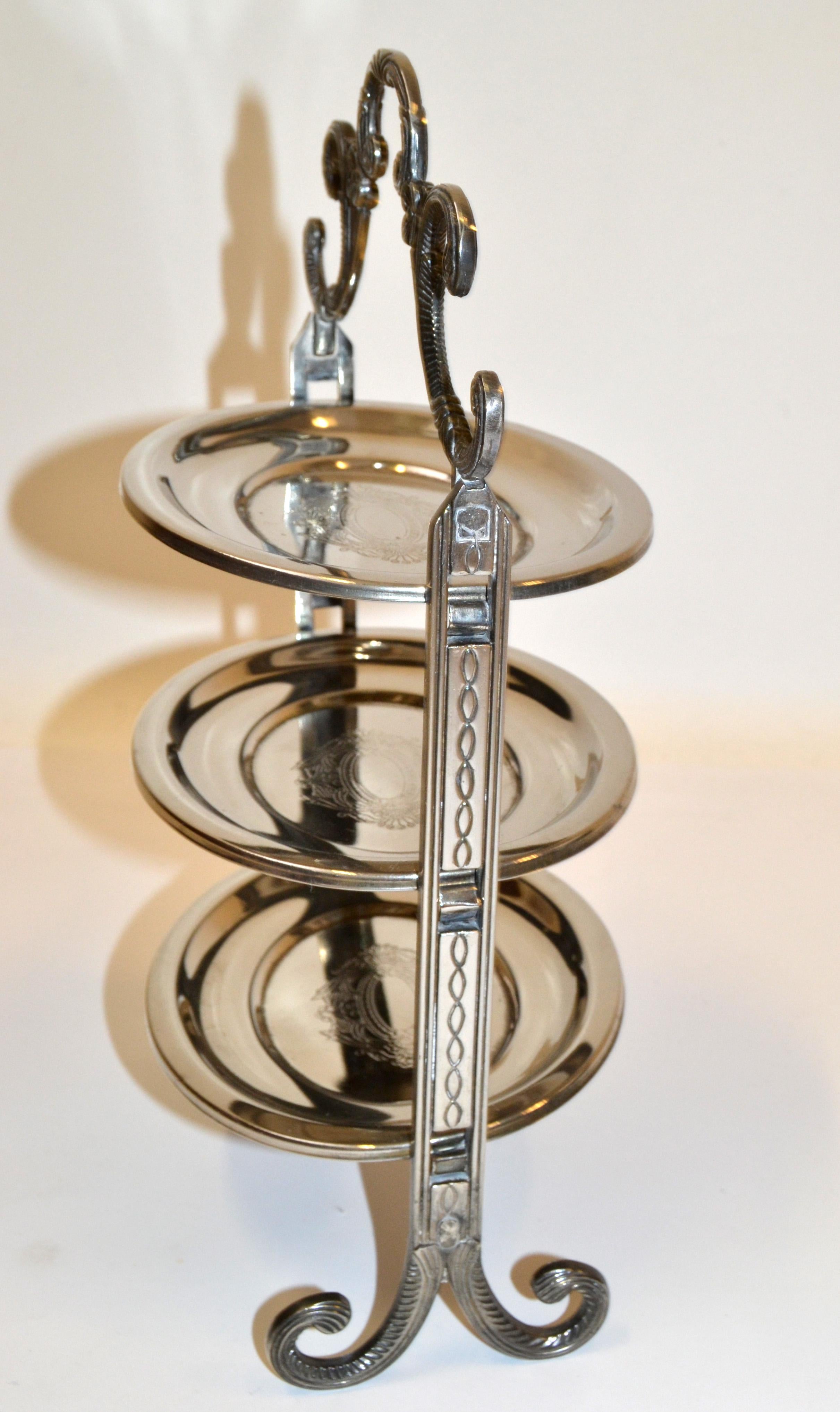 Edwardian Style Three-Tier Silver Plated Cake Stand Patisserie Stand Server Fork In Good Condition In Miami, FL