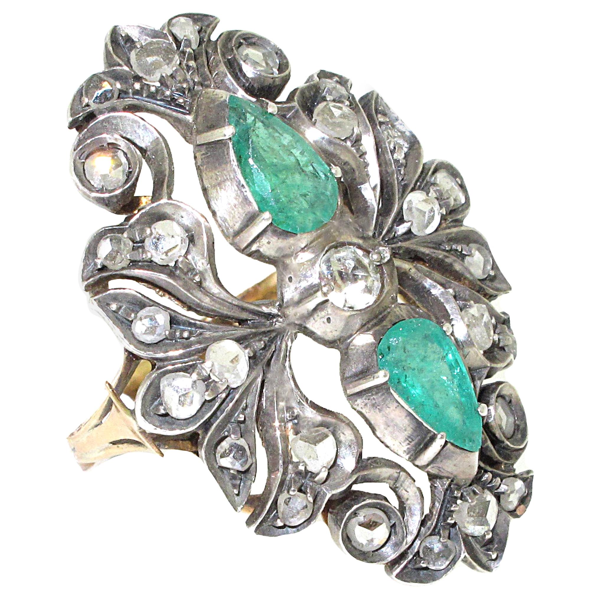 Edwardian Style White Diamond and Green Emerald Ring