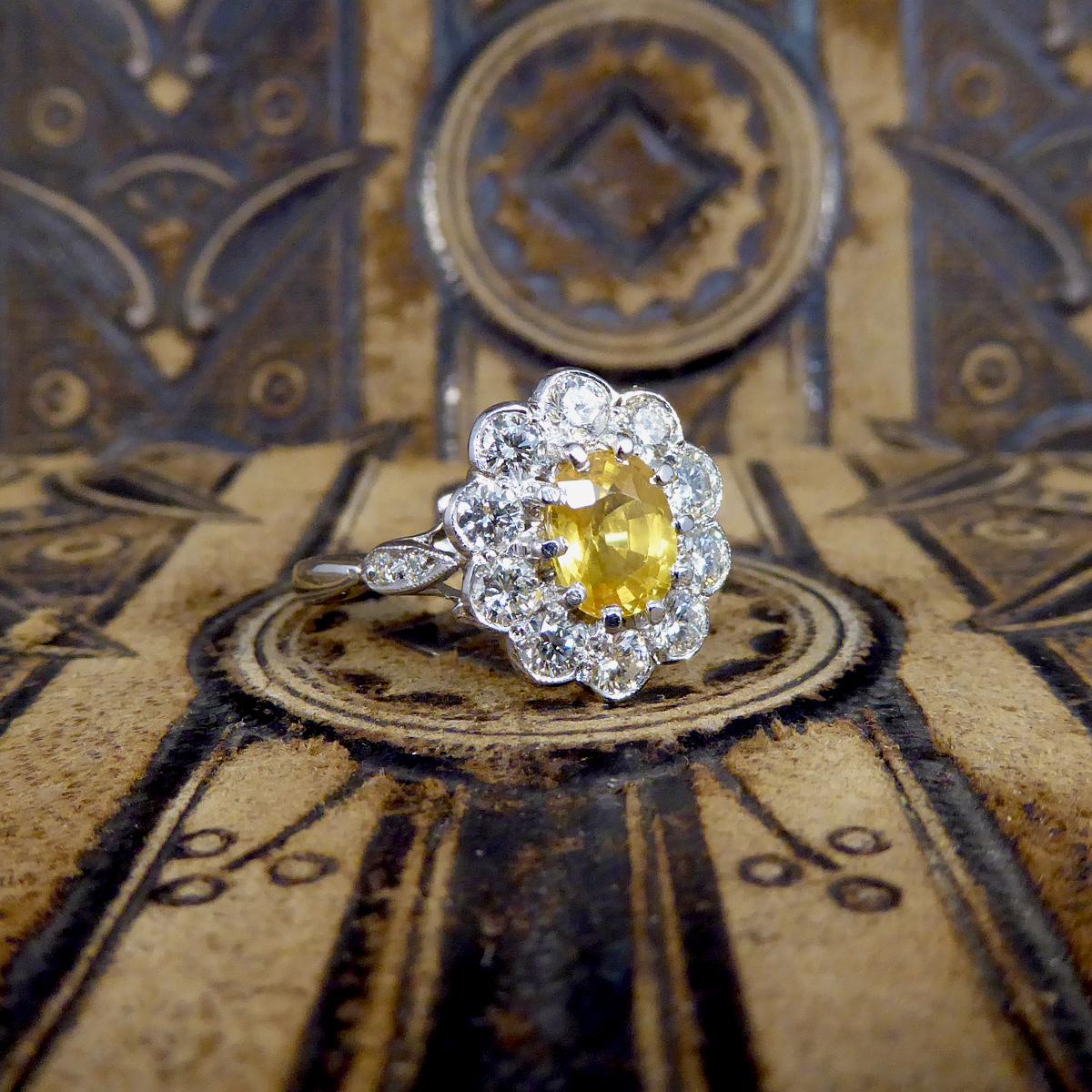 Edwardian Style Yellow Sapphire and Diamond Cluster Ring in Platinum 3