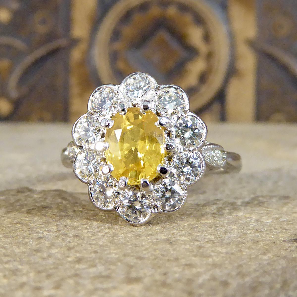 Oval Cut Edwardian Style Yellow Sapphire and Diamond Cluster Ring in Platinum
