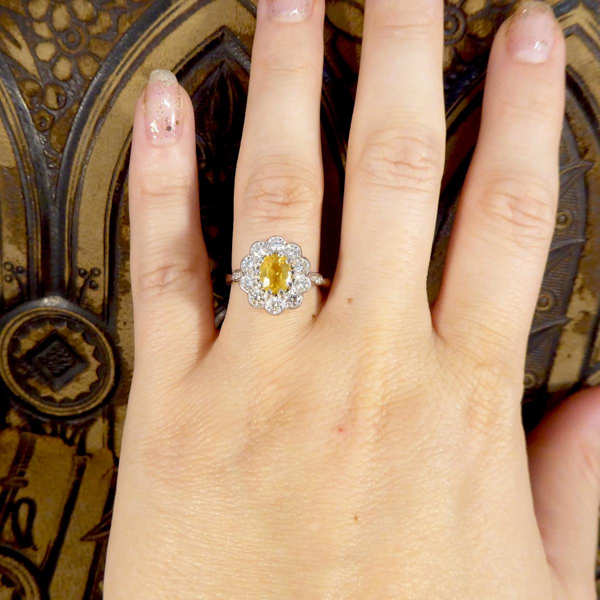 Women's or Men's Edwardian Style Yellow Sapphire and Diamond Cluster Ring in Platinum