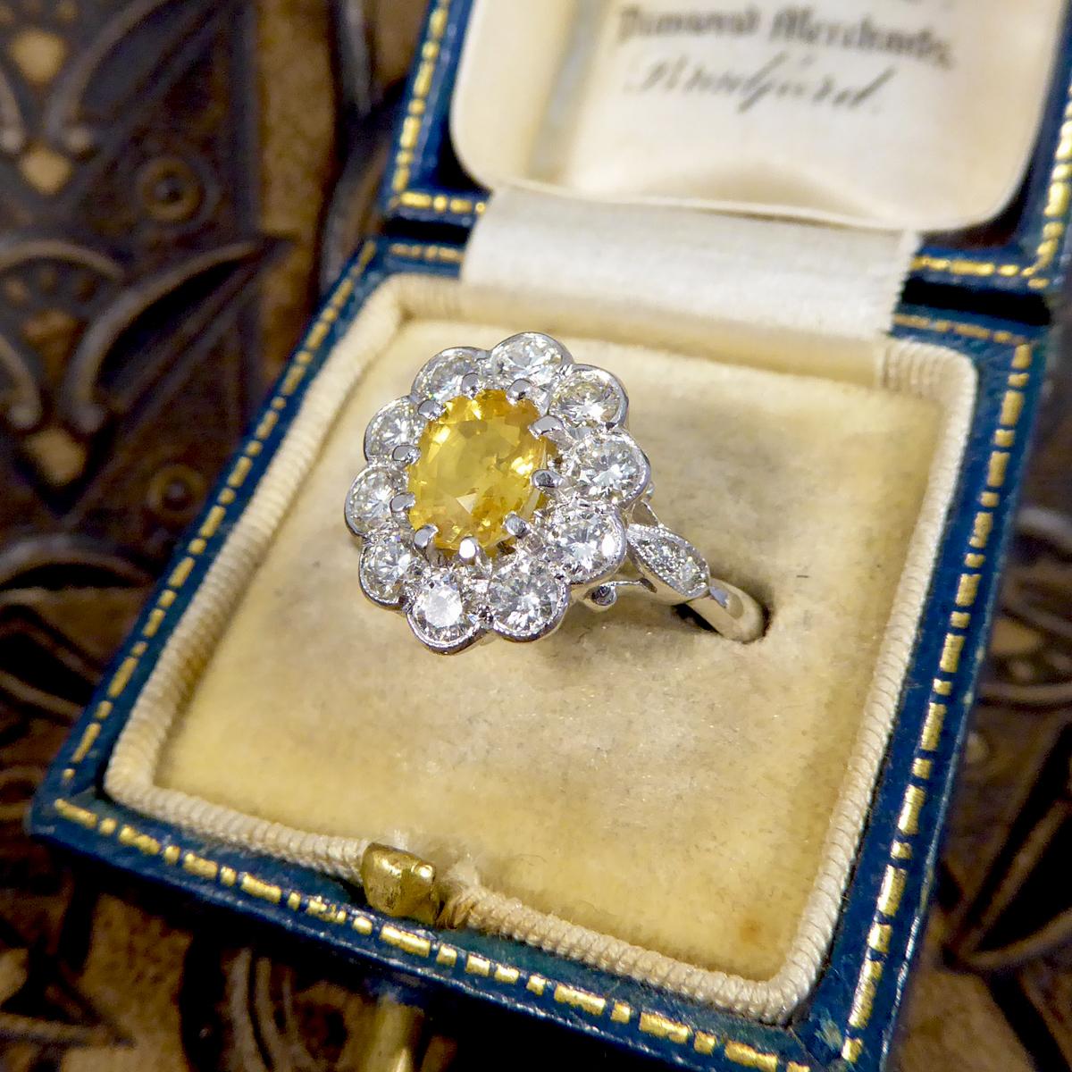 Edwardian Style Yellow Sapphire and Diamond Cluster Ring in Platinum 1