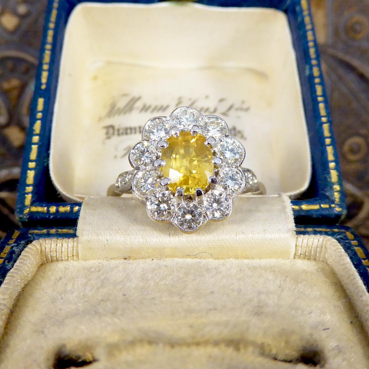 Edwardian Style Yellow Sapphire and Diamond Cluster Ring in Platinum 2