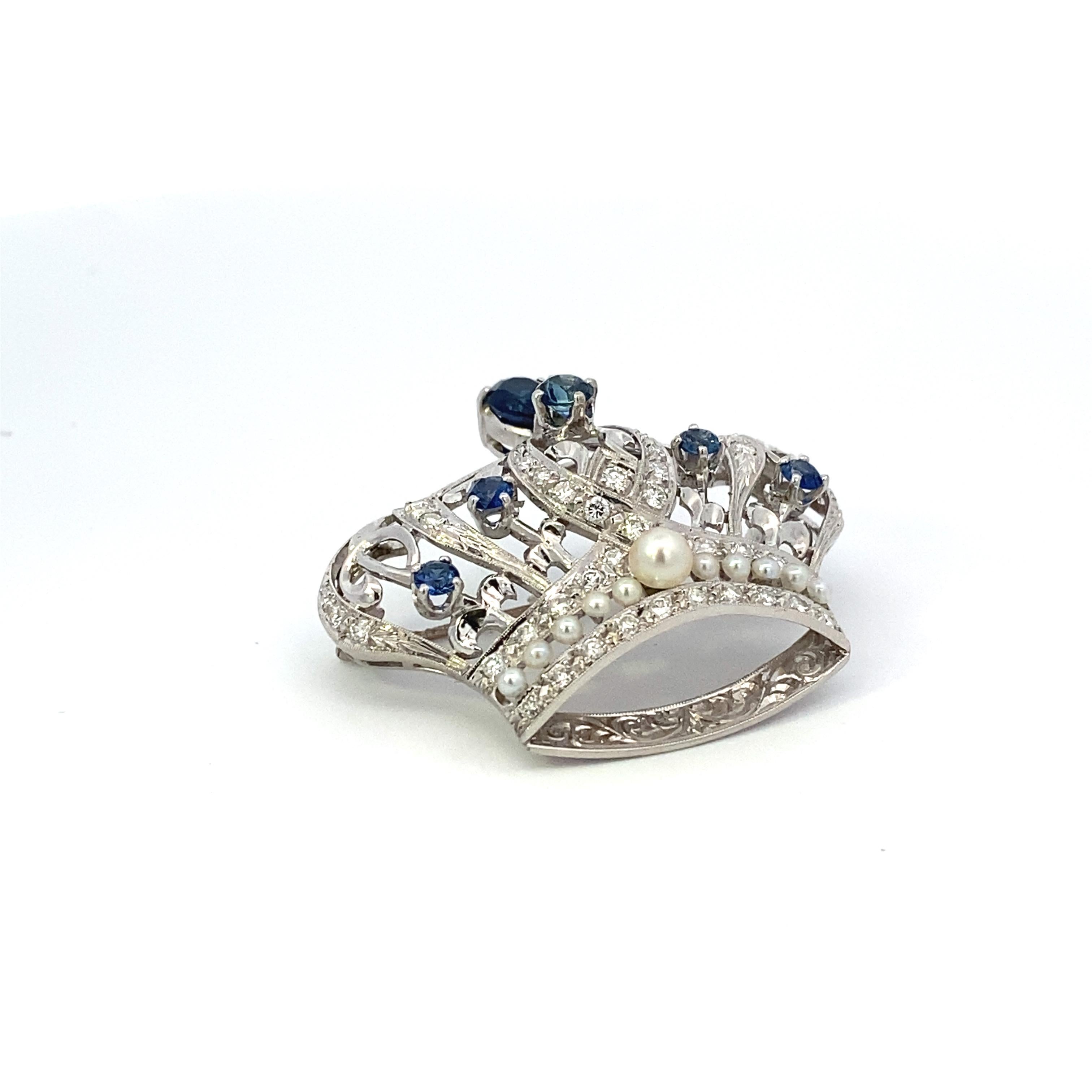 Pear Cut Edwardian-Styled Platinum Crown Brooch with Sapphires, Diamonds and Pearls