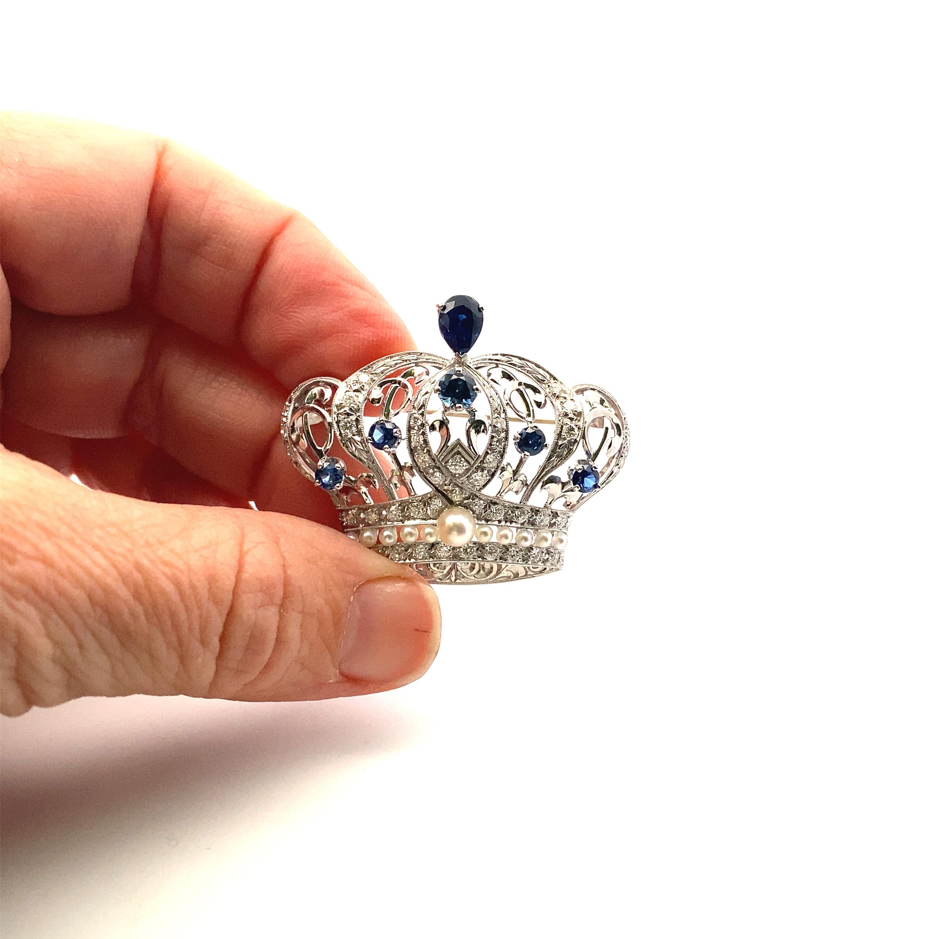 Women's or Men's Edwardian-Styled Platinum Crown Brooch with Sapphires, Diamonds and Pearls