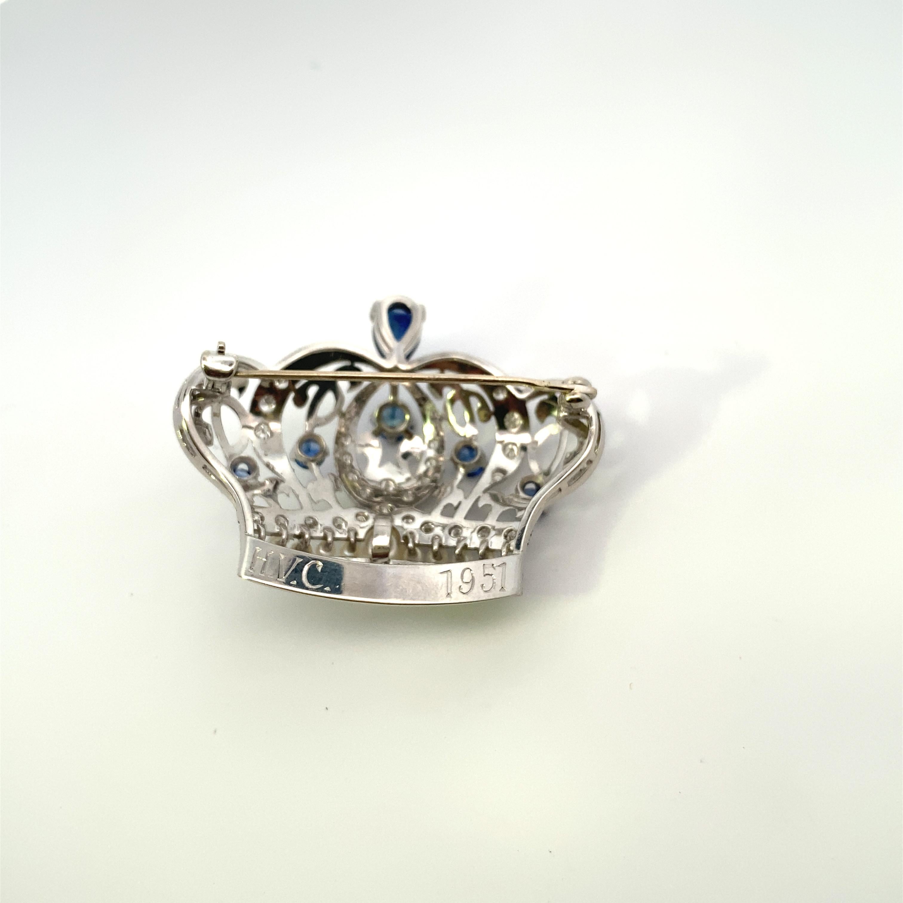 Edwardian-Styled Platinum Crown Brooch with Sapphires, Diamonds and Pearls 1