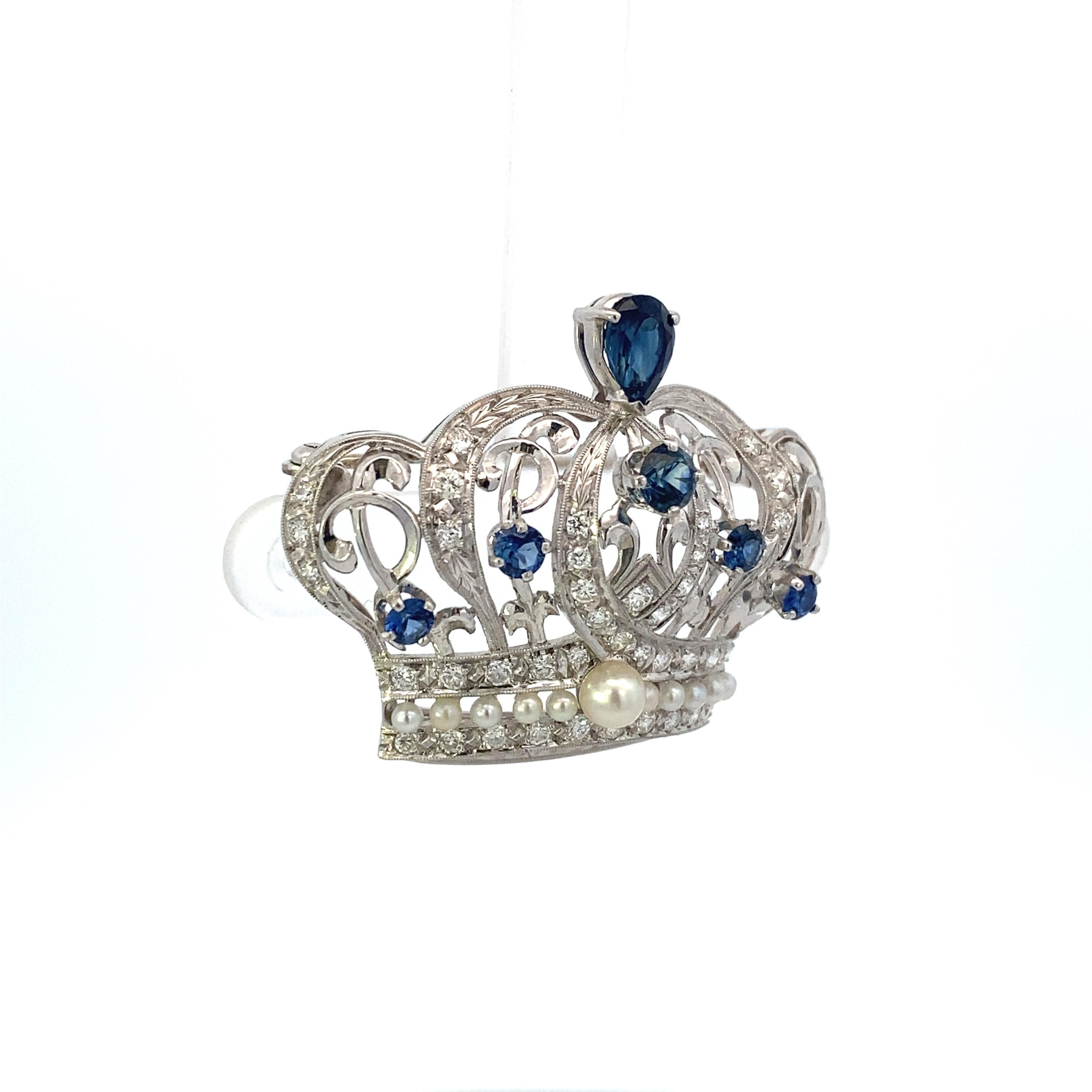 Edwardian-Styled Platinum Crown Brooch with Sapphires, Diamonds and Pearls 3