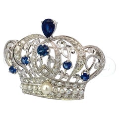 Edwardian-Styled Platinum Crown Brooch with Sapphires, Diamonds and Pearls