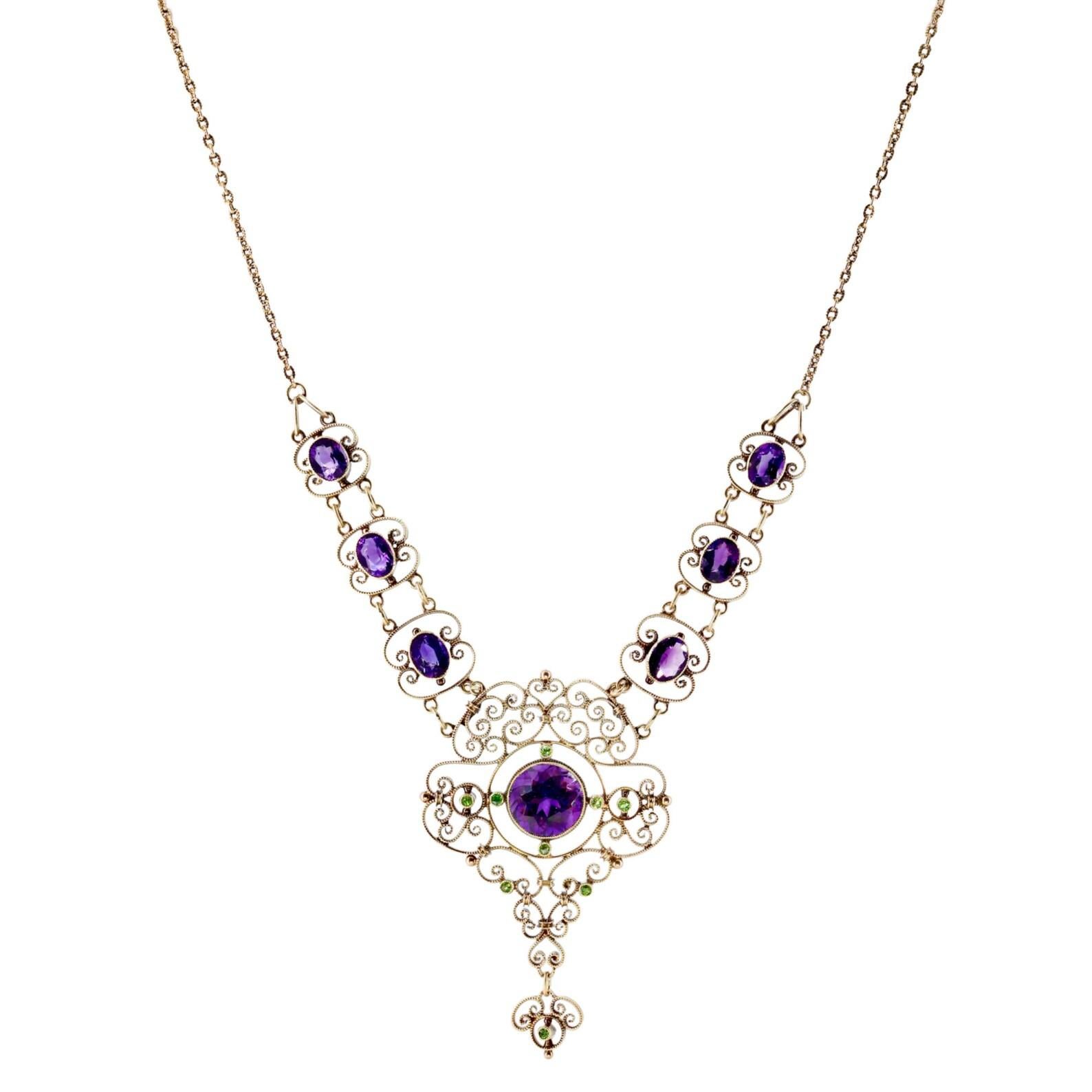 Round Cut Edwardian Suffragette Amethyst & Demantoid Garnet Lavalier Necklace in 15 Karat  For Sale