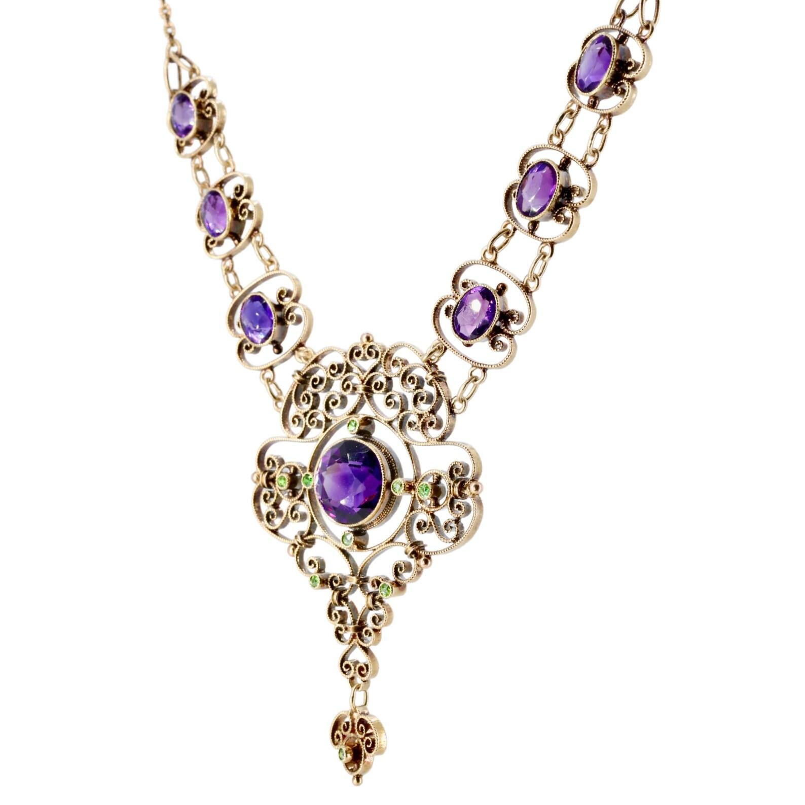 Women's Edwardian Suffragette Amethyst & Demantoid Garnet Lavalier Necklace in 15 Karat  For Sale