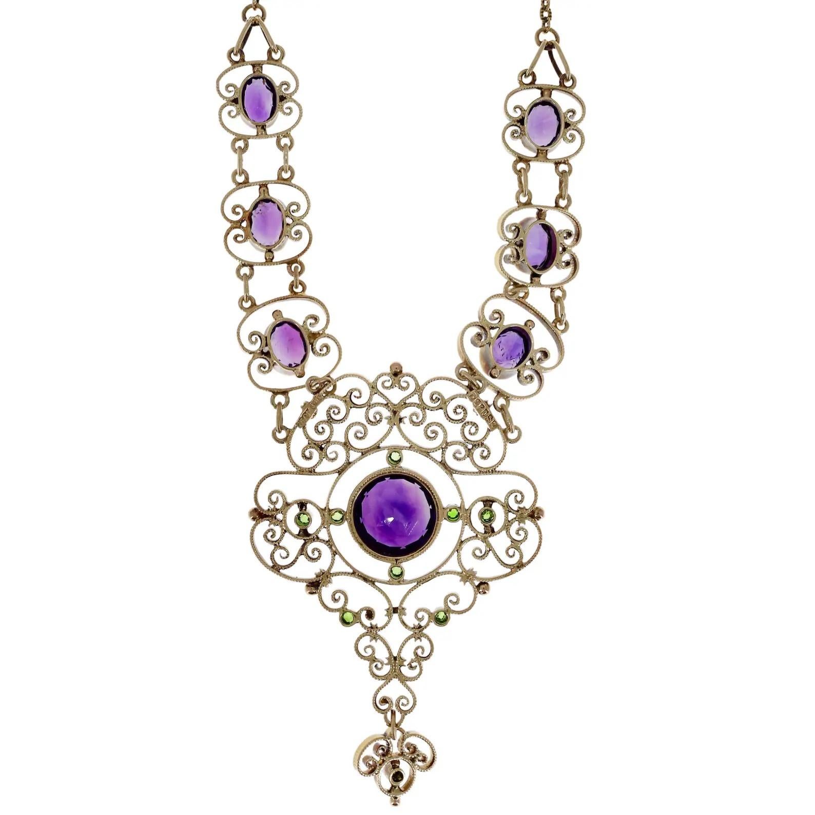 Edwardian Suffragette Amethyst & Demantoid Garnet Lavalier Necklace in 15 Karat  For Sale 1