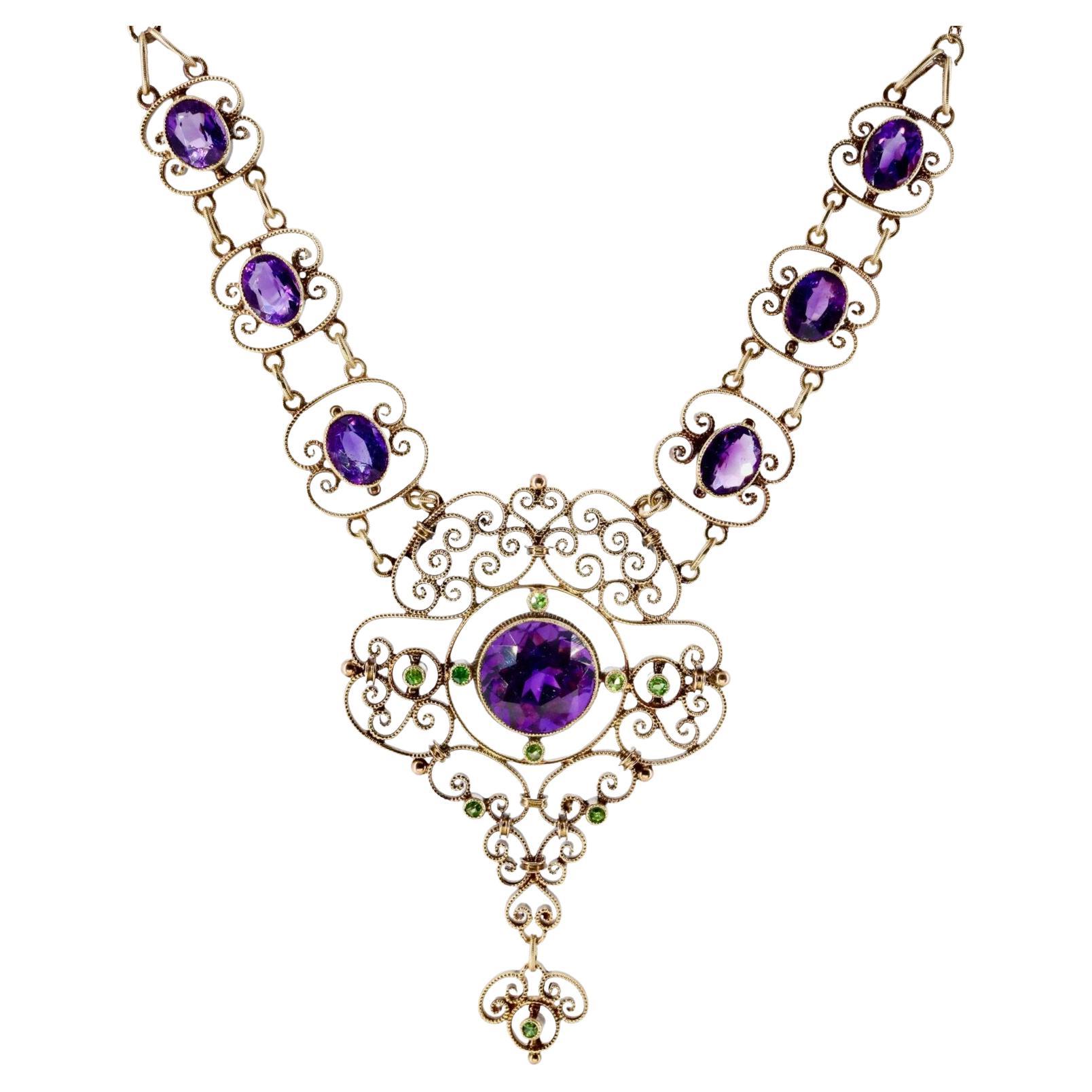 Edwardian Suffragette Amethyst & Demantoid Garnet Lavalier Necklace in 15 Karat  For Sale