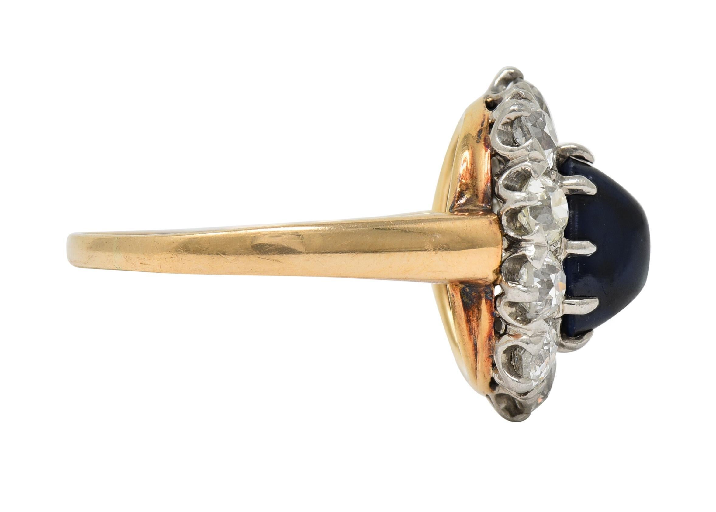Edwardian Sugarloaf No Heat Sapphire Diamond Platinum 14K Gold Halo Ring GIA In Excellent Condition For Sale In Philadelphia, PA