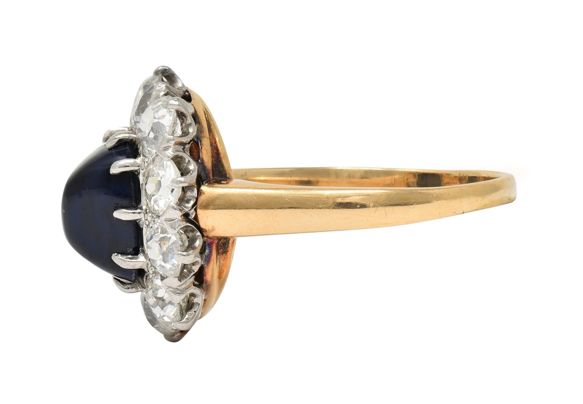 Edwardian Sugarloaf No Heat Sapphire Diamond Platinum 14K Gold Halo Ring GIA For Sale 1