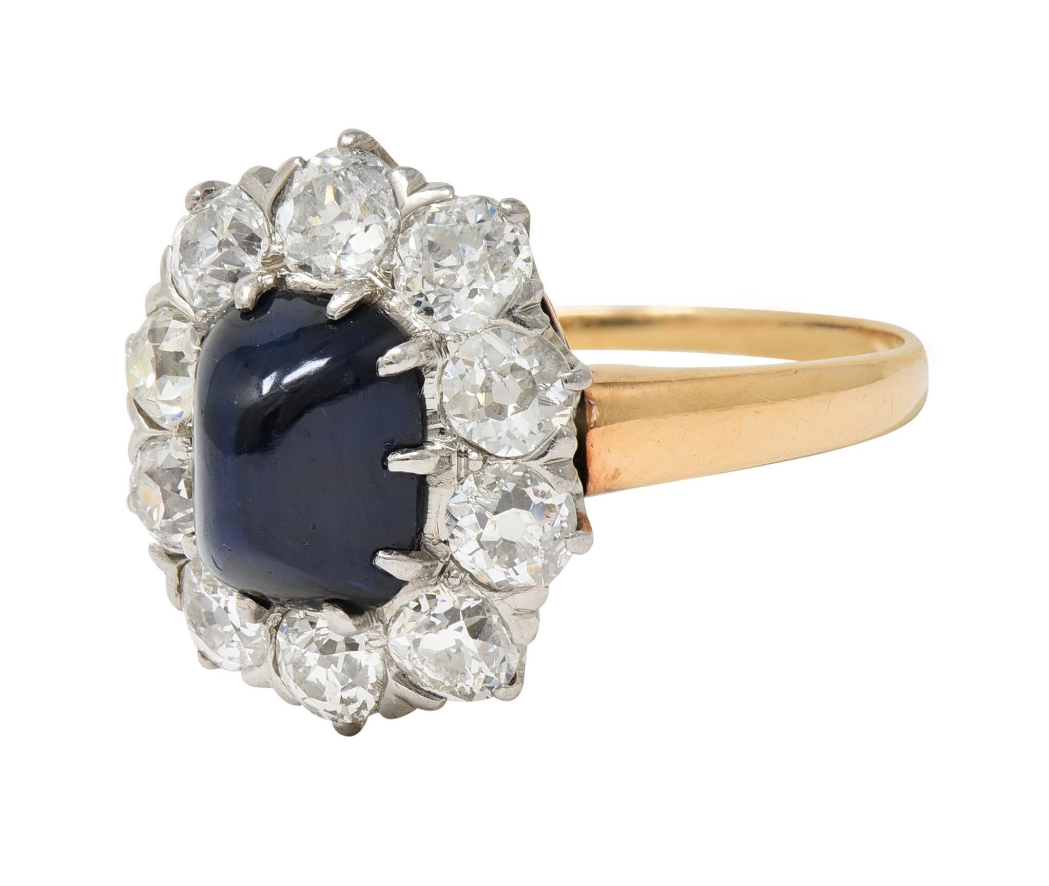 Edwardian Sugarloaf No Heat Sapphire Diamond Platinum 14K Gold Halo Ring GIA For Sale 2
