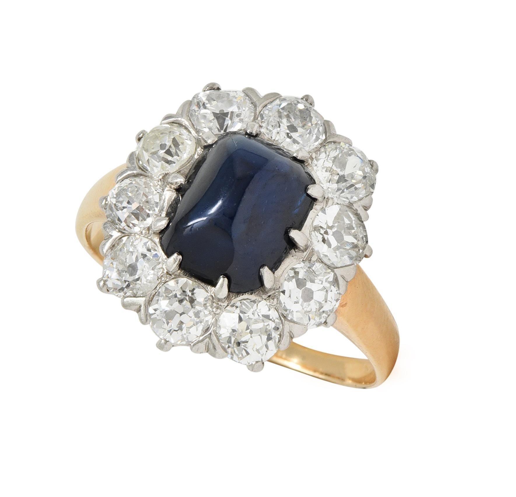 Edwardian Sugarloaf No Heat Sapphire Diamond Platinum 14K Gold Halo Ring GIA For Sale 4