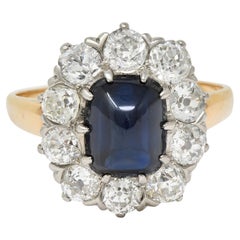 Antique Edwardian Sugarloaf No Heat Sapphire Diamond Platinum 14K Gold Halo Ring GIA