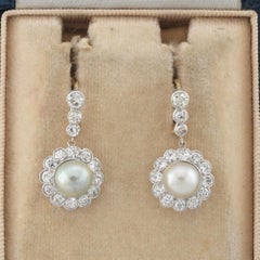 Edwardian Sweet 2.50 Ct Diamond 7.2 mm. Pearl Drop earrings