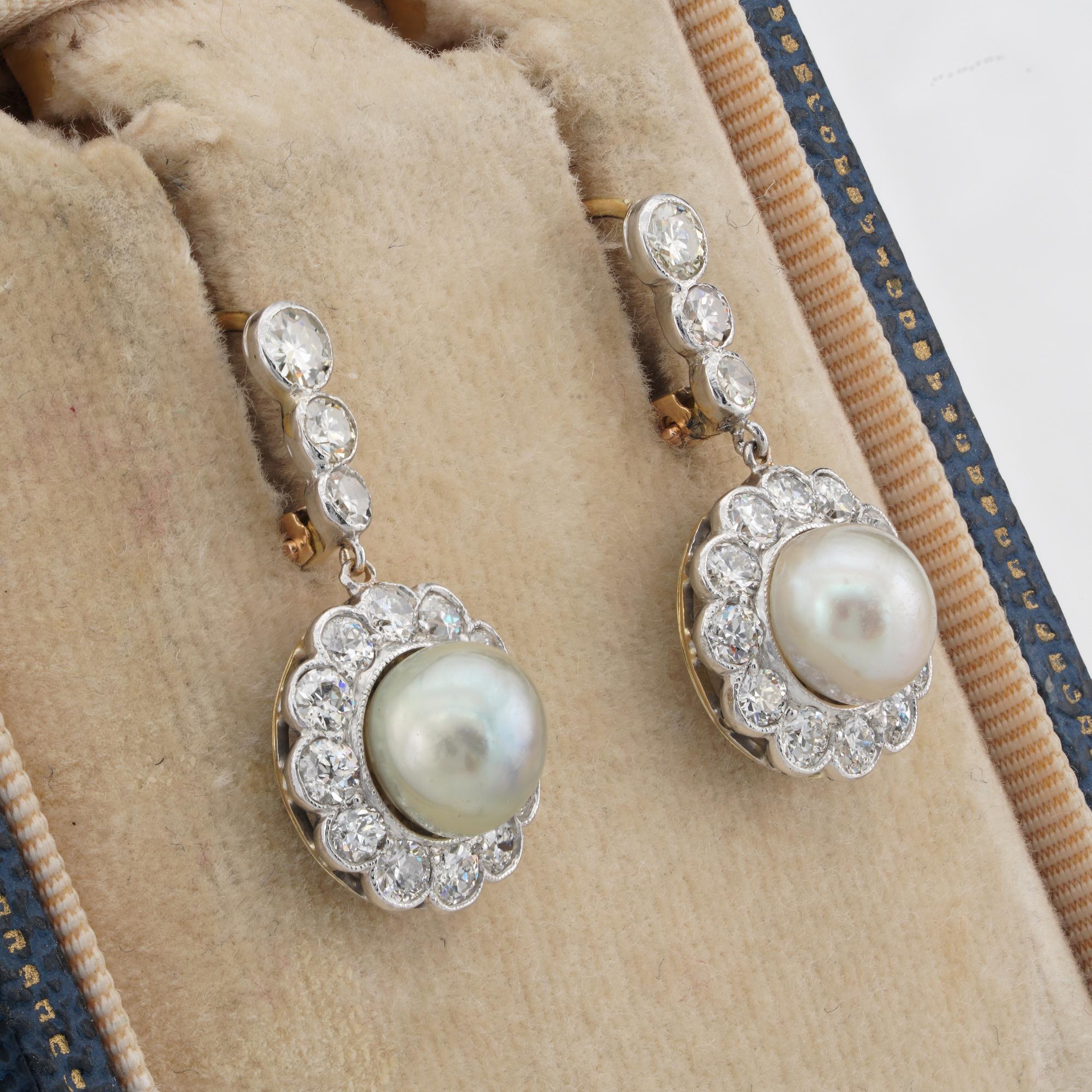 Round Cut Edwardian Sweet 2.50 Ct Diamond 7.2 mm. Pearl Drop earrings  For Sale