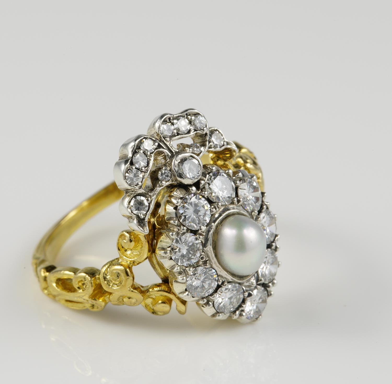 Brilliant Cut Edwardian Sweet Heart Bow Diamond Natural Pearl Ring For Sale