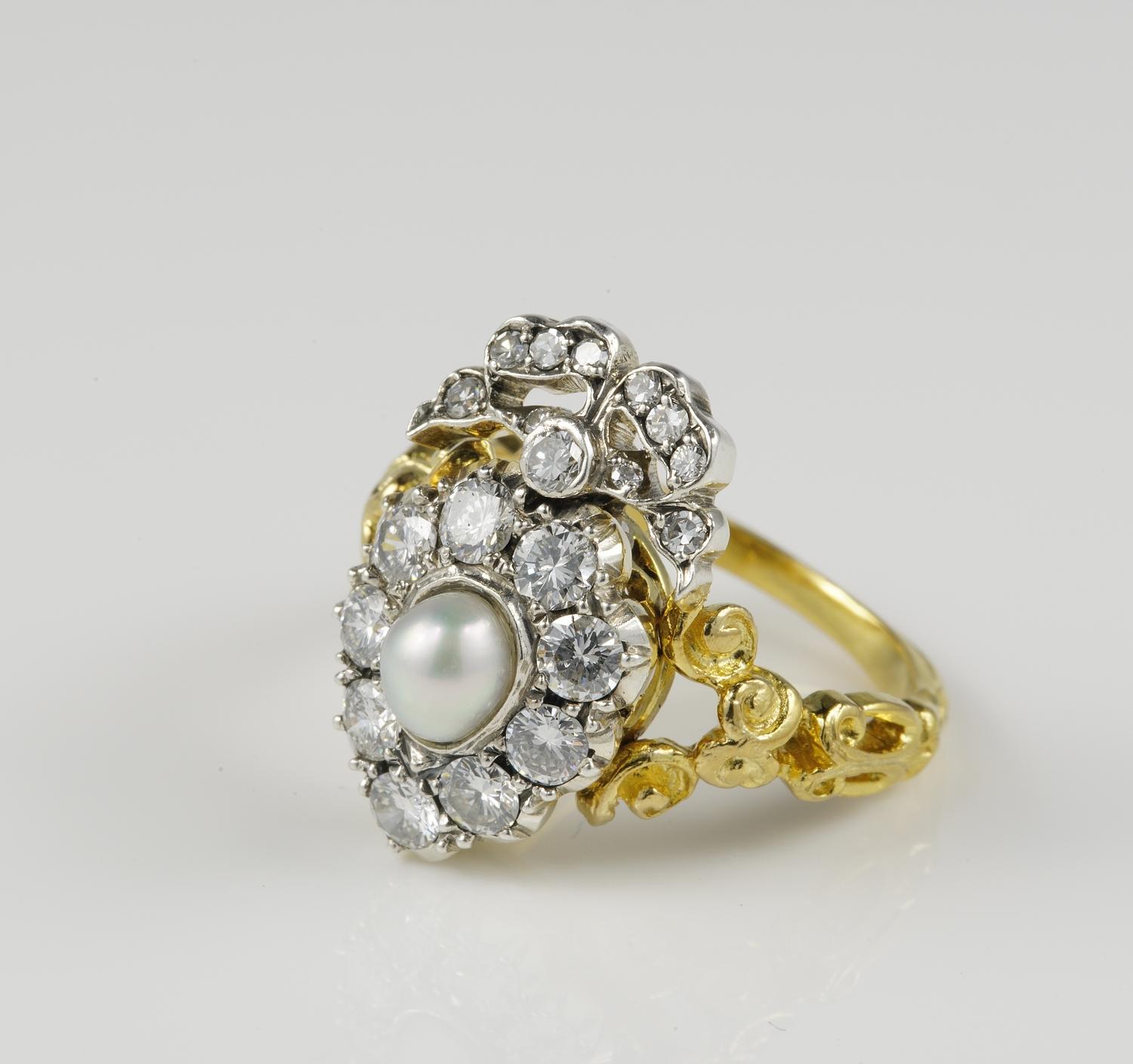 Women's Edwardian Sweet Heart Bow Diamond Natural Pearl Ring For Sale