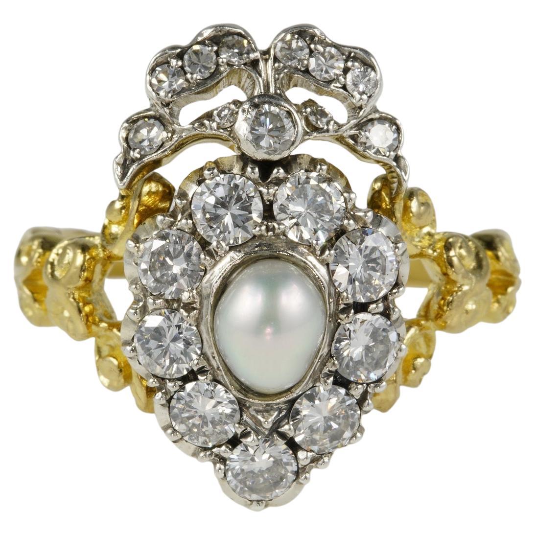 Edwardian Sweet Heart Bow Diamond Natural Pearl Ring For Sale