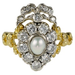 Edwardian Sweet Heart Bow Diamond Natural Pearl Ring