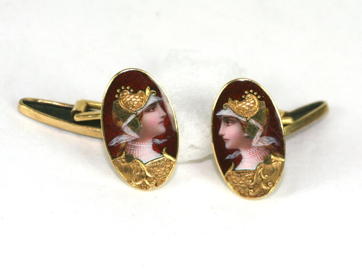 Swiss Enamel Heroic Maiden Cufflinks, likely portraying Athena, the goddess of wisdom, reasoning, and intelligence from the late 19th/early 20th Century. Exquisite gold etched and chased work on helmet/costume with incredibly detailed enamel work on