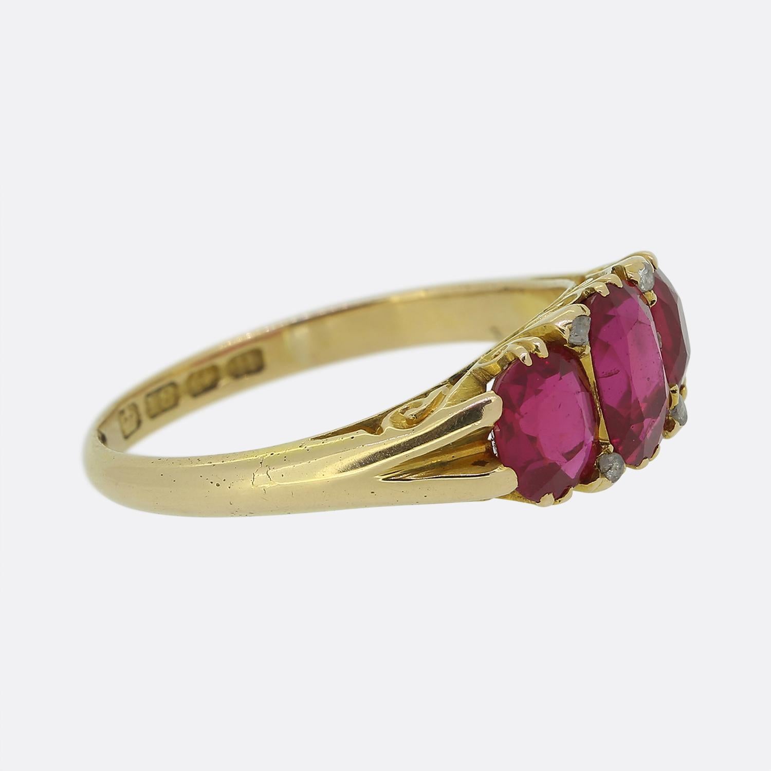 Edwardian Synthetic Ruby and Diamond Three Stone Ring In Good Condition For Sale In London, GB