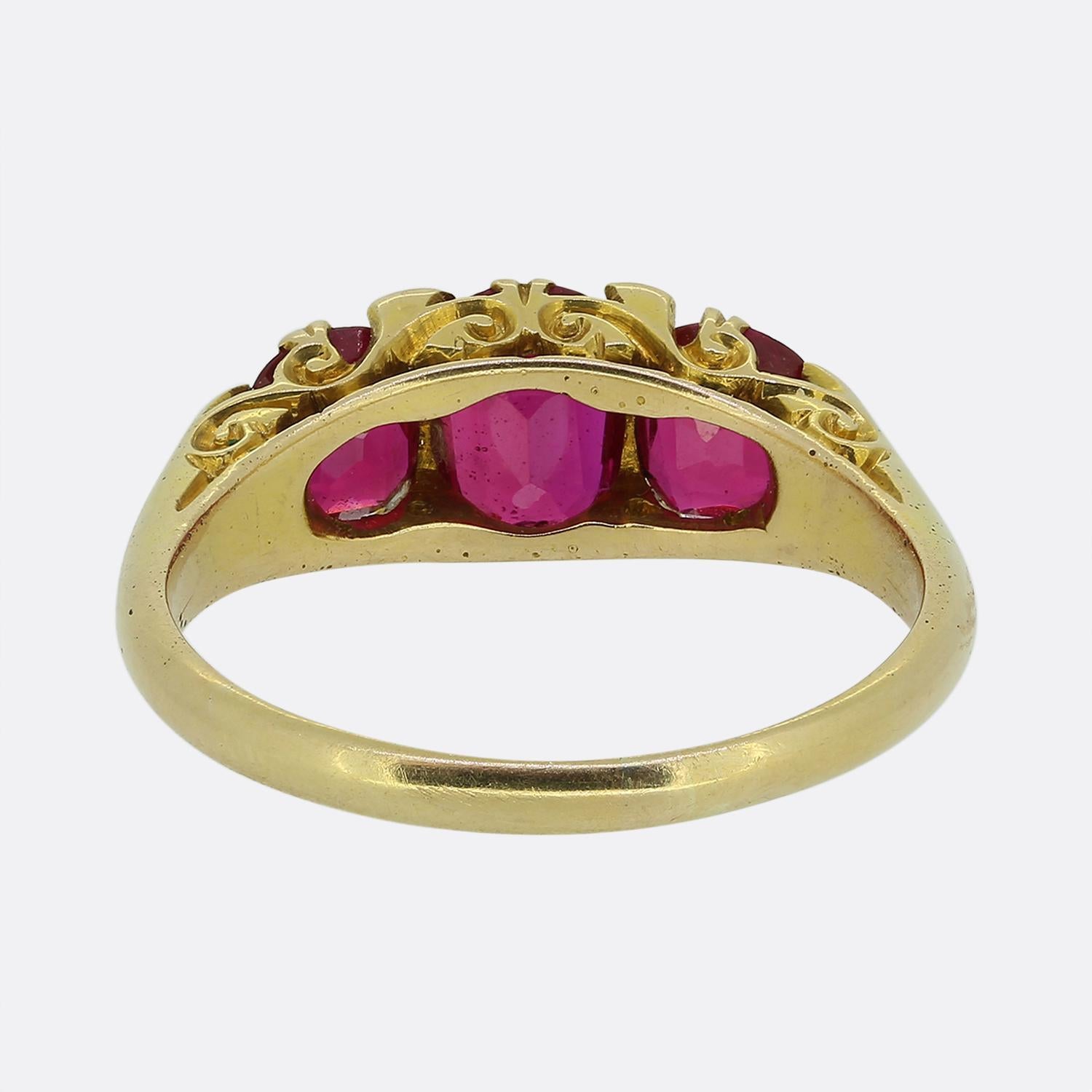 Women's or Men's Edwardian Synthetic Ruby and Diamond Three Stone Ring For Sale